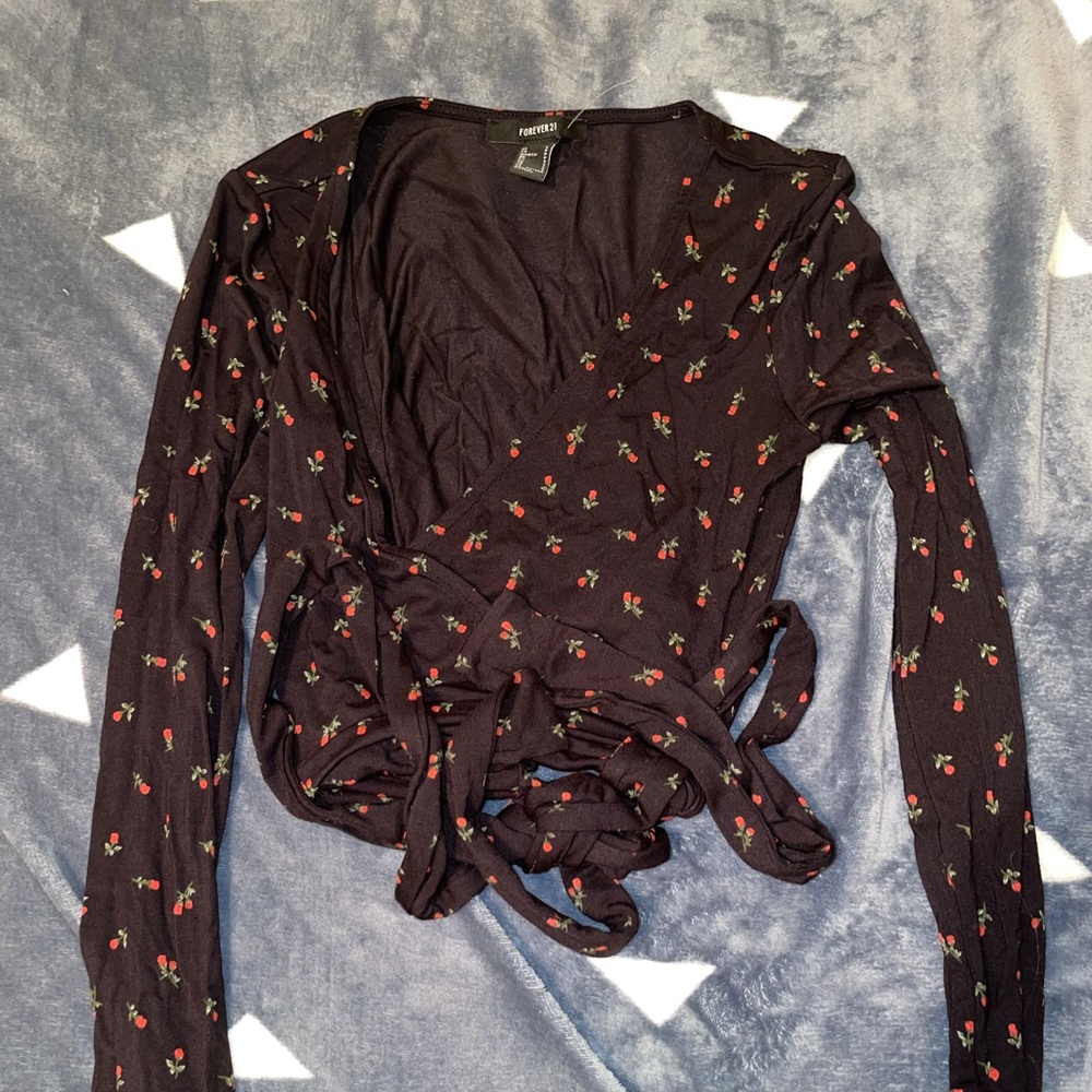 Black floral cross over tie shirt